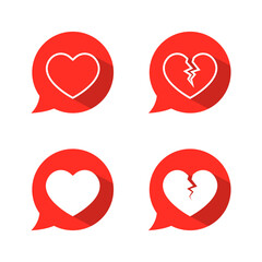 Love and cracked heart icon vector in speech bubbles