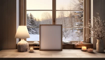 Wandcirkels tuinposter Modern cozy cottage interior with empty poster on wall, chairs, lamps and window with winter landscape view and sunlight. Mock up, 3D Rendering. Winter theme interior copy space © annebel146