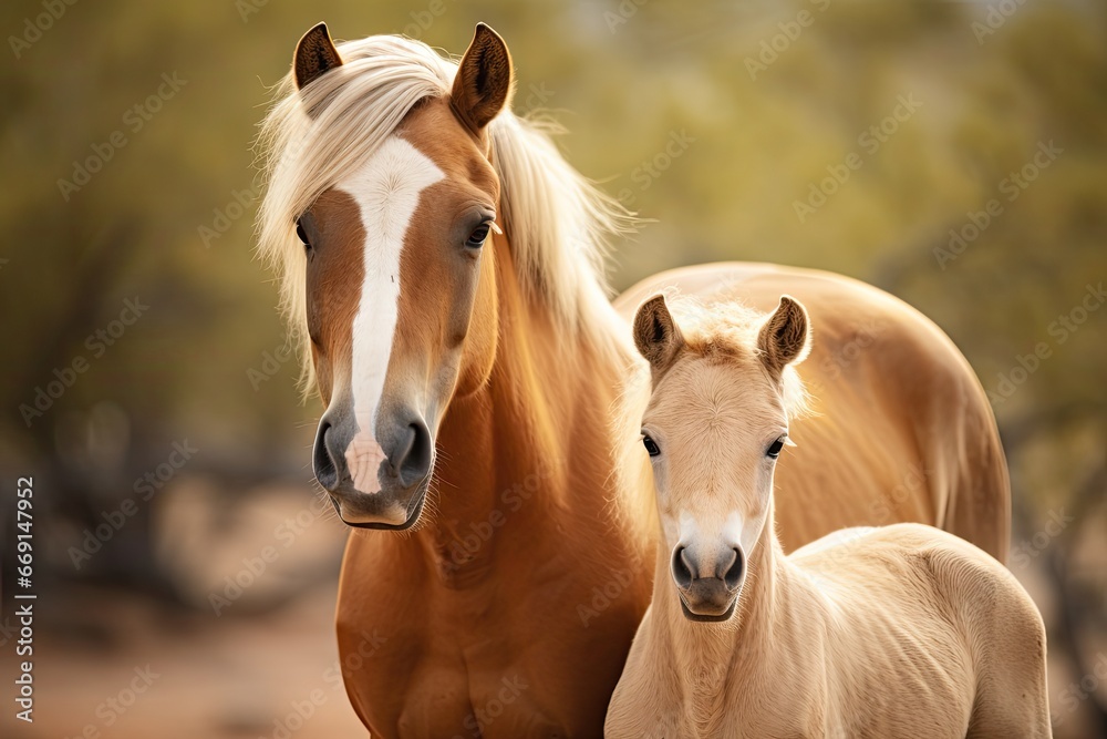 Poster  a couple of brown horses standing next to each other on a dirt field with trees in the background on a sunny day with no one horse looking at the camera.  generative ai