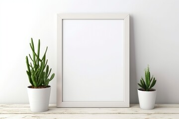 White frames on a shelf with a plant. Scandi style.