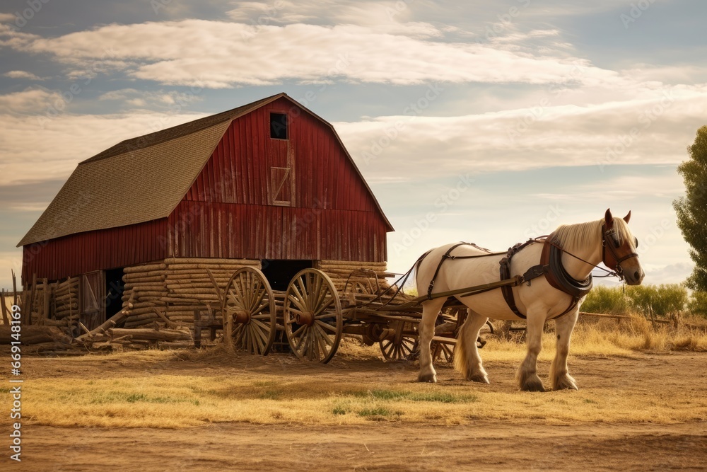 Wall mural a white horse pulling a wagon in front of a red barn with a red roof and a red barn on the other sid