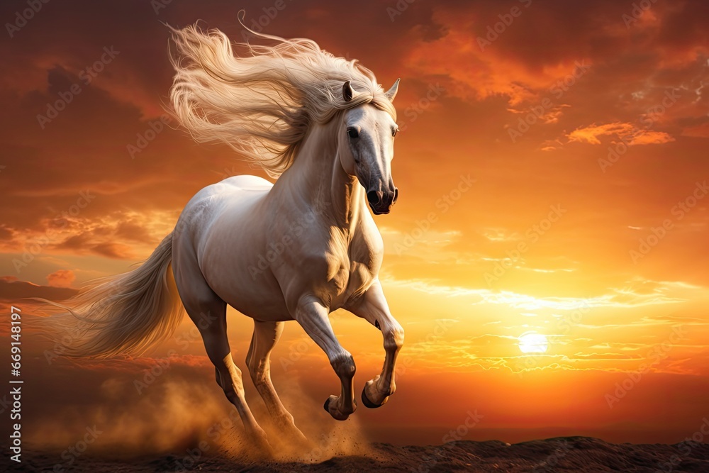 Poster a white horse is galloping through the sand as the sun sets in the sky behind it and behind it is a 