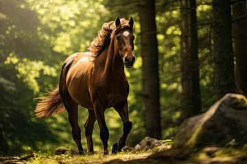  a brown horse running through a forest filled with lots of green grass and trees, with sunlight shining through the trees on the far side of the horse's head.  generative ai - obrazy, fototapety, plakaty
