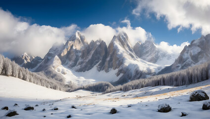 Fototapeta na wymiar An alpine meadow covered in fresh snow, framed by towering peaks. Generative AI