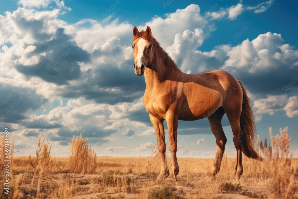 Poster  a horse standing in the middle of a dry grass field under a cloudy blue sky with fluffy white clouds in the distance, with grass in front of the foreground, and in the foreground, a.  generative ai