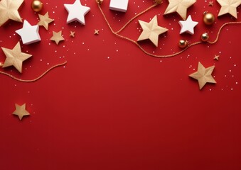 Christmas composition concept, gifts, fir tree branches, red decorations on background. Christmas, winter, new year concept. Flat lay, top view, copy space for text