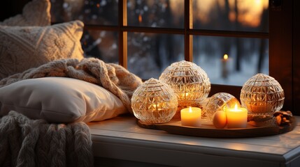 Cozy room. Candles and a blanket by the window on a winter evening. Ai genrative