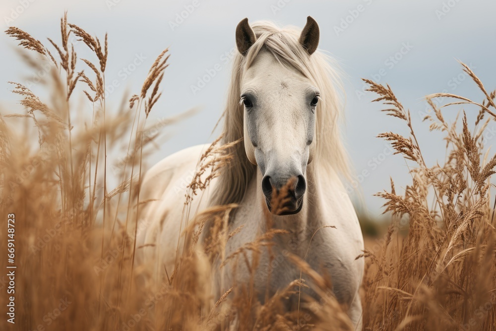 Poster a white horse standing in the middle of a field of tall grass with it's head turned to the side and 