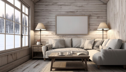 Modern cozy cottage interior with empty poster on wall, chairs, lamps and window with winter landscape view and sunlight. Mock up, 3D Rendering. Winter theme interior copy space