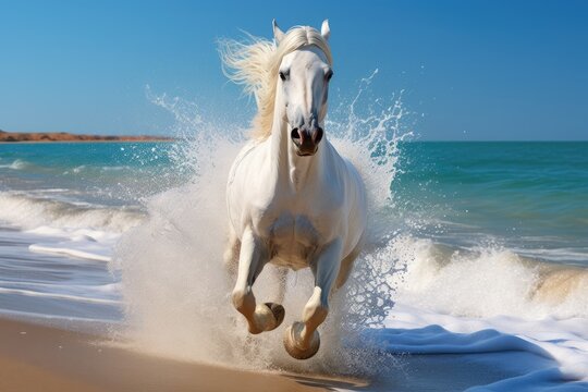  a white horse running on a beach next to the ocean with a splash of water on it's back and it's front legs as it's rear legs as it's gallops through the air.  generative ai