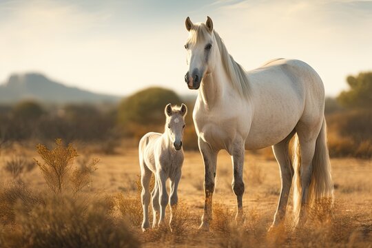  a large white horse standing next to a small white horse on a dry grass field with a mountain in the distance in the distance, with a baby horse in the foreground.  generative ai
