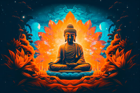 buddha scultpure meditating in lotus position blue and orange cosmos background 