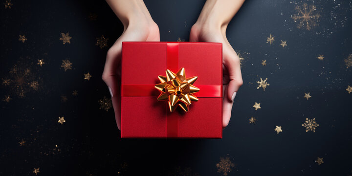 Top View Photo Of Female Hands Holding Red Giftbox With Gold Ribbon Bow And Golden Confetti On Isolated Black Background, Generative Ai