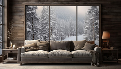 Scandinavian living room illustration. warmth at comfortable home. Winter outside in windows. Nordic style 3D interior with furnishing on background winter landscape trough window. Cozy cottage - obrazy, fototapety, plakaty