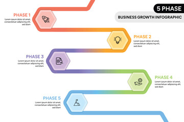Hexagon shape loop zig zag infographics. 5 Step business process infographic concept.
