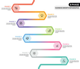 Hexagon shape loop zig zag infographics. 8 Step business process infographic concept.