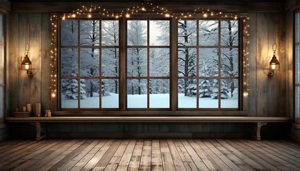Foto op Plexiglas Scandinavian living room illustration. warmth at comfortable home. Winter outside in windows. Nordic style 3D interior with furnishing on background winter landscape trough window. Cozy cottage © annebel146