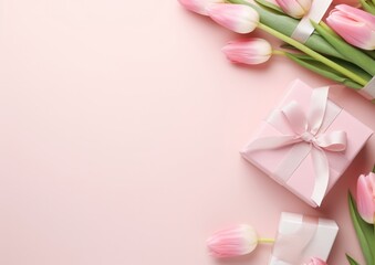 Obraz na płótnie Canvas Top view Mother's Day decorations concept, photo of trendy gift boxes with ribbon bows and tulips on isolated pastel pink background with copy space for text