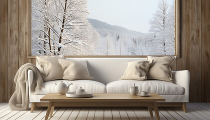 Scandinavian living room illustration. warmth at comfortable home. Winter outside in windows. Nordic style 3D interior with furnishing on background winter landscape trough window. Cozy cottage