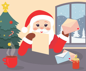 Cute Santa Claus Christmas Character sits and Reading Letter or Gift List from Children front of Desk in his Office. Cartoon flat Vector illustration