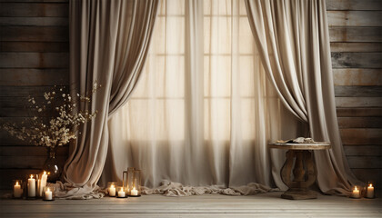 Scandinavian living room illustration. warmth at comfortable home. Winter outside in windows. Nordic style 3D interior with furnishing on background winter landscape trough window. Cozy cottage