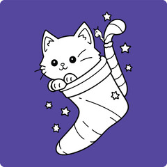 Merry Christmas Cat Coloring Page Character Illustration Vector Design v03