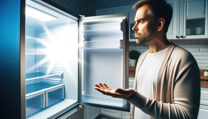 Man surprised by empty refrigerator