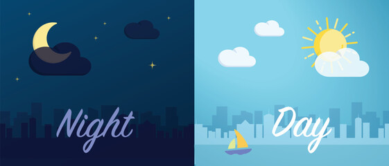 Day and night mode cityscape wide banner background