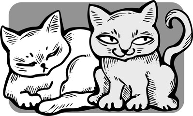 Cute cats friends sitting together. Decorative border, banner, postcard, poster print for kids room or birthday. Logo design for veterinary. Hand drawn illustration. Cartoon character vector drawing.