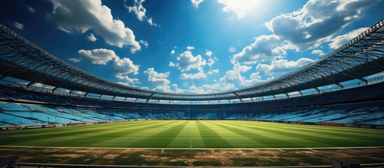 Football Stadium background. Low angle. sunny weather during the day - obrazy, fototapety, plakaty