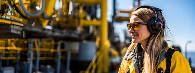Female engineer or worker in a large industry or freight port - obrazy, fototapety, plakaty