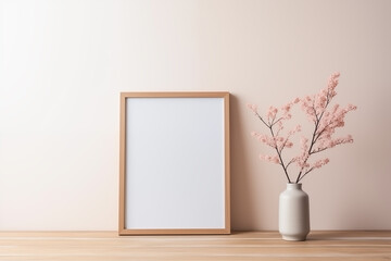 Fototapeta na wymiar Blank Frame with Elegant Blossoms in Minimalistic Setting