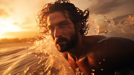 Close up of attractive man swimming in sea at golden warm glow of sunset surrounded by sea water splashes, pretty man swims in sea embodies nature beautiful serenity and male grace on beach vacation - obrazy, fototapety, plakaty