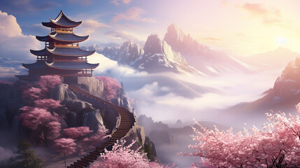 Stunning mountain view of Asian temple amidst mist and blooming sakura trees in misty haze symbolizing harmony between nature and spirituality, breathtaking allure of nature - obrazy, fototapety, plakaty