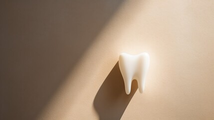 Human tooth against stone beige background with shadow cast by strong light, represents simplicity maintaining healthy teeth, child milk tooth, minimalistic dental care concept