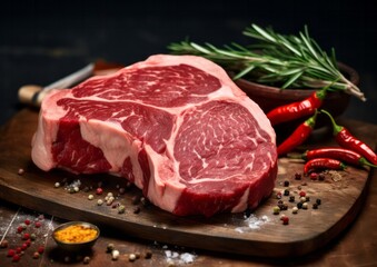 Fototapeta premium Tasty fresh raw rib eye beef steak with pepper and herbs on a wooden background in a butcher shop