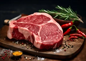 Foto op Canvas Tasty fresh raw rib eye beef steak with pepper and herbs on a wooden background in a butcher shop © Bold24