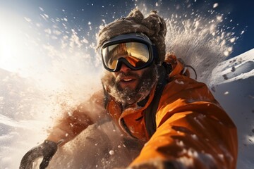 Obraz premium Caucasian Male Winter Snow Boarder Stomping Concept Generative AI