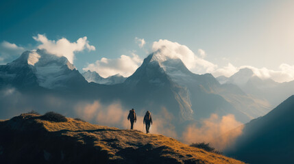 Naklejka na ściany i meble Two people walking on top of a mountain in nepal with a mountain range in the background.