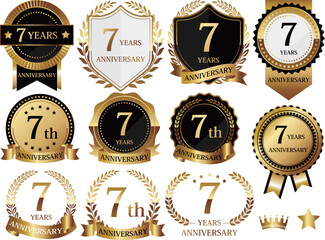 高級感のある7周年記念のエンブレムセット　ゴールド