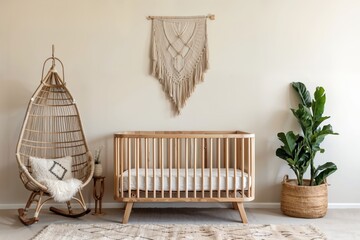 A nursery with macrame mobiles, rag rug, and rattan rocking chair. cozy kids room with furniture from natural materials
