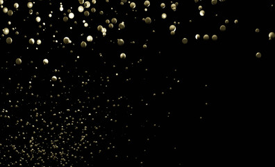 Abstract festive glitter background with gold shining particles isolated on black. 3D render illustration.