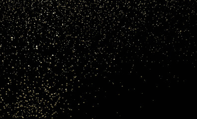 Abstract festive glitter background with gold shining particles isolated on black. 3D render illustration.