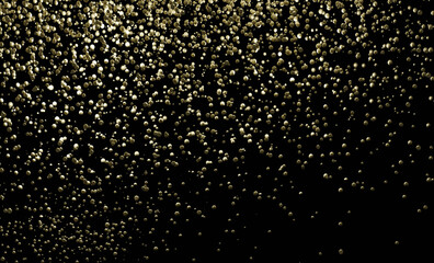 Abstract festive glitter background with gold shining particles isolated on black. 3D render illustration.