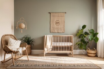 A nursery with macrame mobiles, rag rug, and rattan rocking chair. cozy kids room with furniture from natural materials