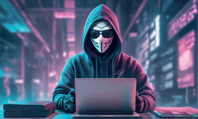 hacker with laptop and mask hacker with laptop and maska hacker in a black hoodie is using a laptop to hacker in the city