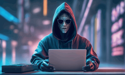 hacker in hoodie with computer hacker in hoodie with computer cyber hacker hacker in the hood of the computer with a hacker. the internet security system, the hacker is typing into the laptop. - obrazy, fototapety, plakaty