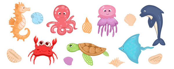 Sea animals cute set isolated on white background. Vector illustration of octopus, stingray, jellyfish, crab, dolphin, seahorse, turtle, seashells. Cartoon style for children. Marine life, sea world. - obrazy, fototapety, plakaty
