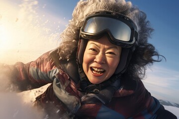 Fototapeta na wymiar Asian Female Elderly Snowboarder Ridin Concept Generative AI