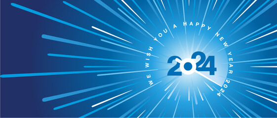 We wish you a Happy New Year 2024. Blue white type typography blue background. high warp speed space with speedometer shape needle moving to the year number 2024. 2024 start greeting card
